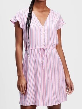 GAP Pink Multi-Stripe V-Neck Drawstring Mini Dress